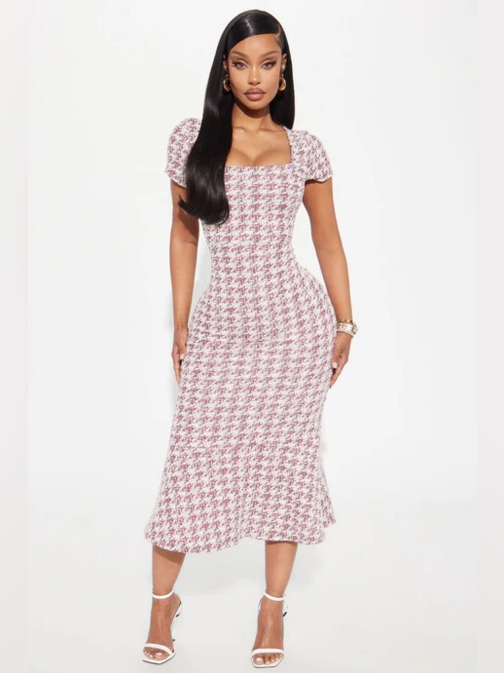 Fashion Nova Burgundy Cream Tweed Midi Dress